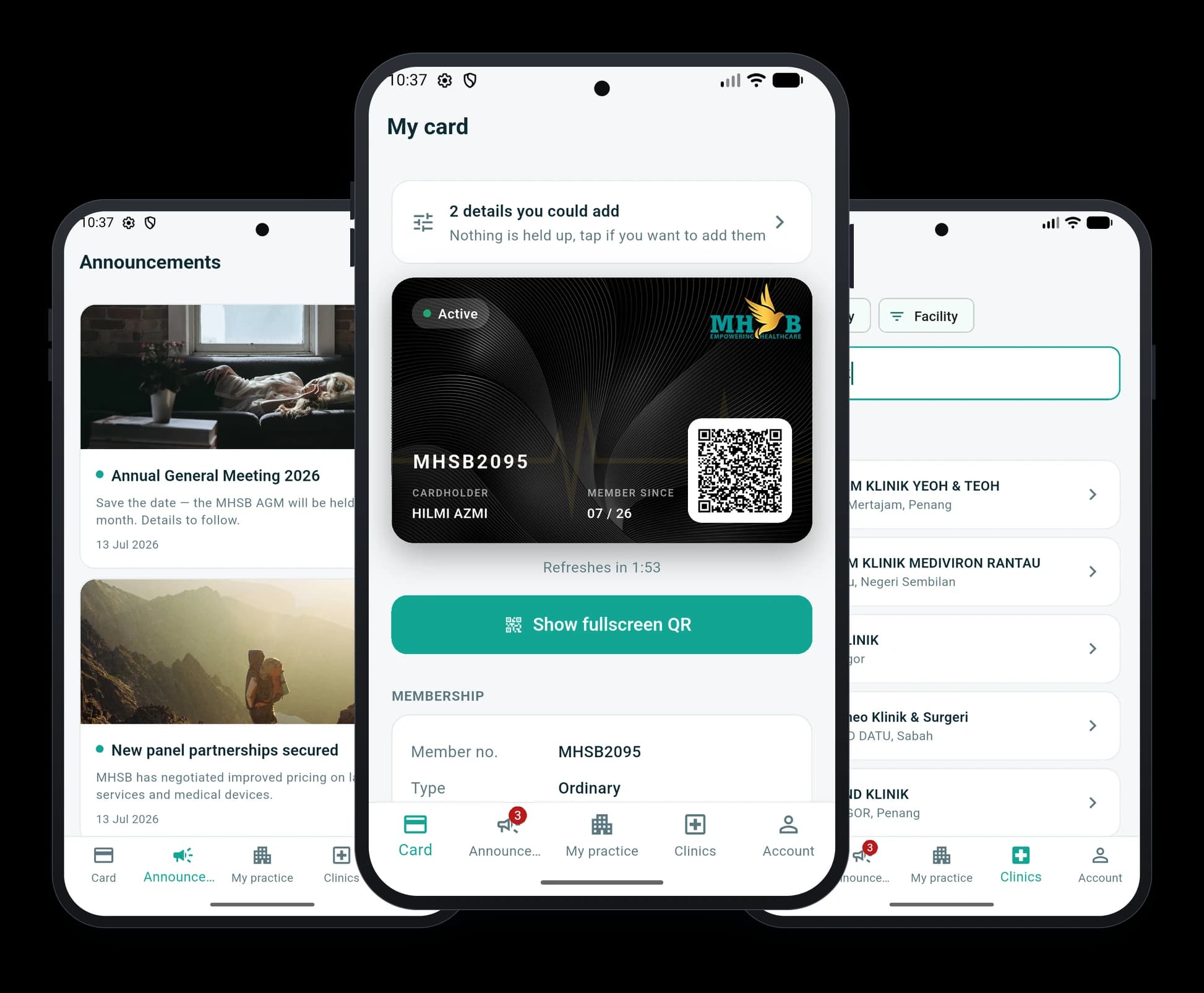The Merpati app showing a member's digital membership card, announcements, and the affiliated clinic directory